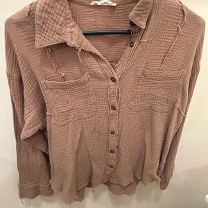 Relaxed Button-Down Textured Top in Taupe